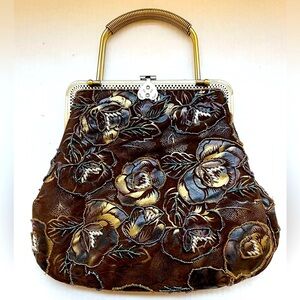 Vintage Unique Tapestry and Beaded Bag Purse in Browns and Ivory. Bronze Accents